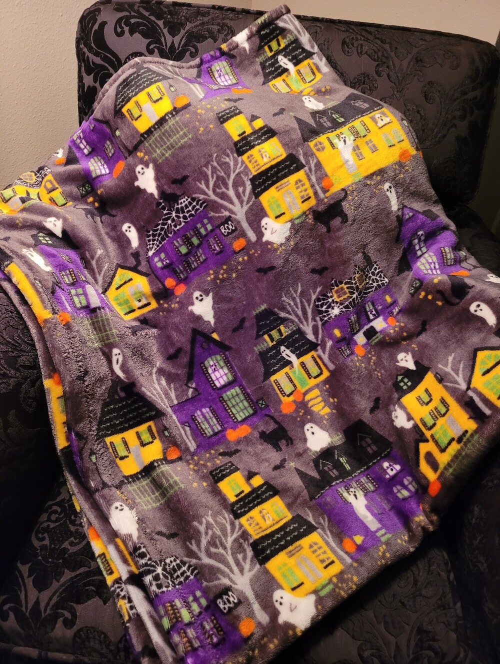 LEAVING 8-18 Haunted house plush throw blanket Halloween whimsy ghost spiderweb